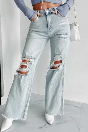 Abrielle High Rise Distressed Risen Wide Leg Jeans (Light)