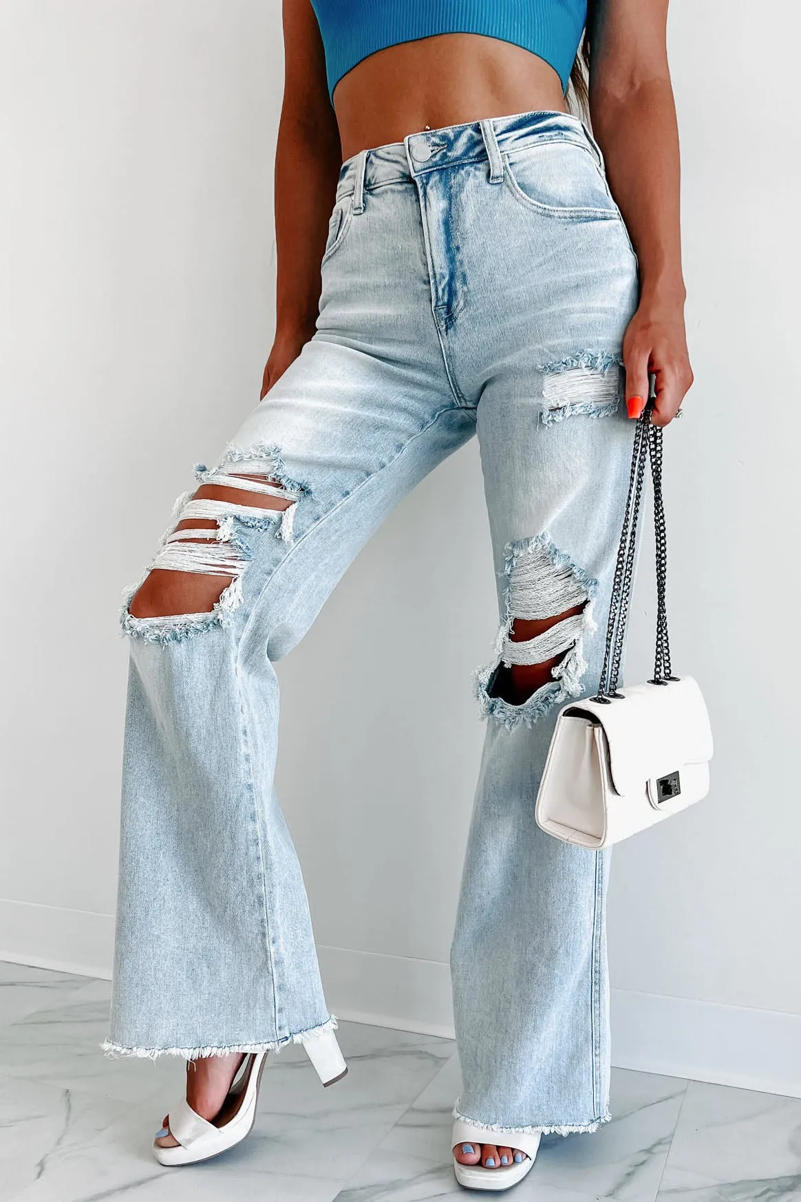 Abrielle High Rise Distressed Risen Wide Leg Jeans (Light)