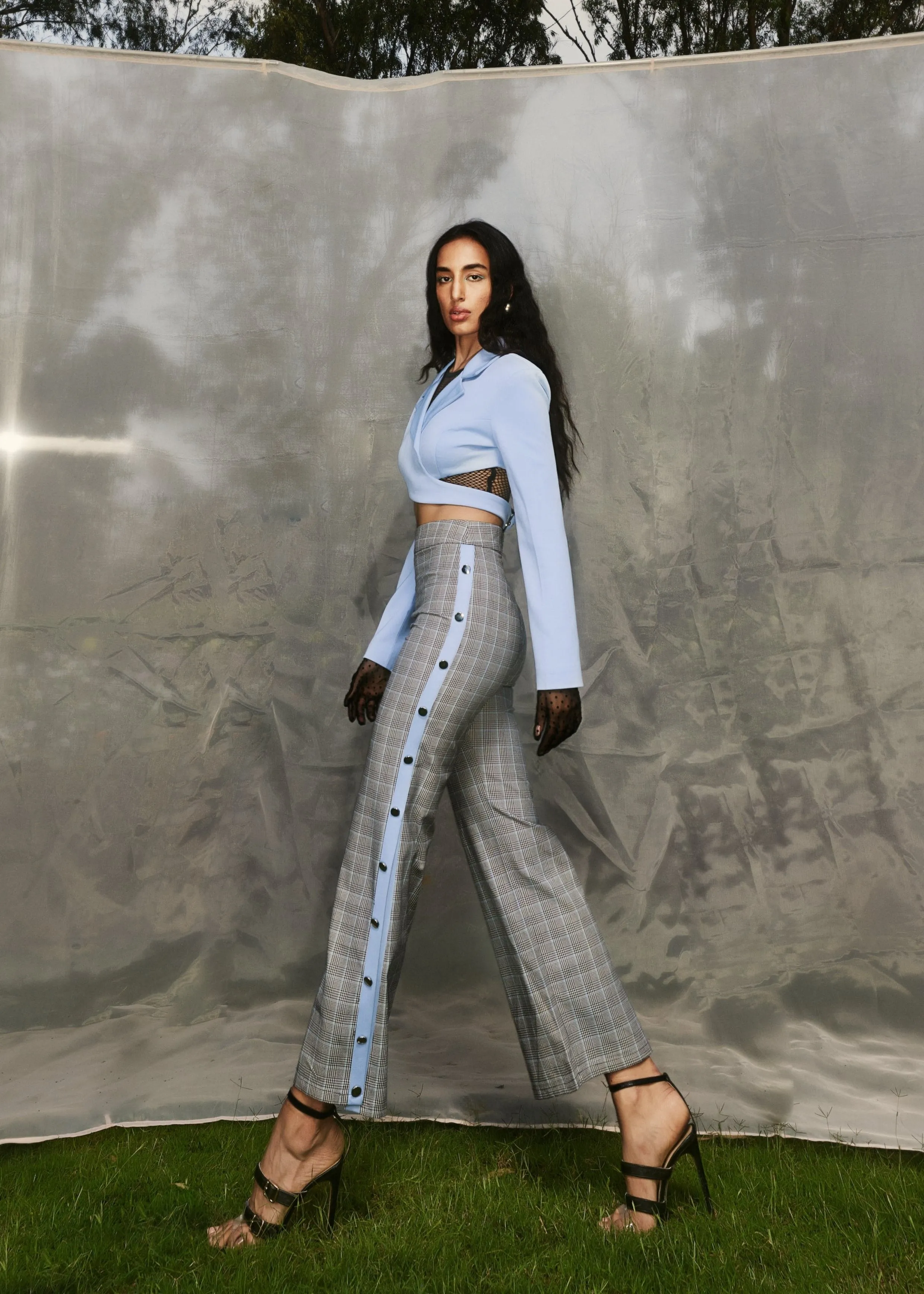 Agnes Baby Blue Blazer   Plaid Embellished Pant Set