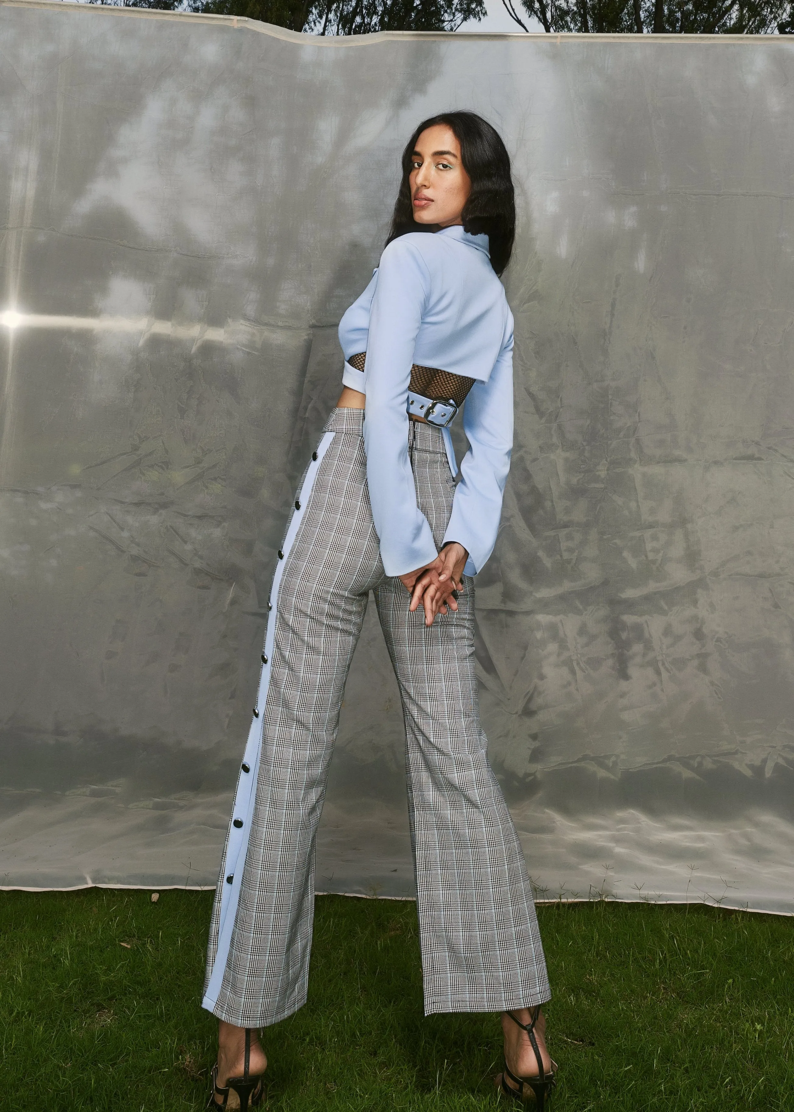 Agnes Baby Blue Blazer   Plaid Embellished Pant Set