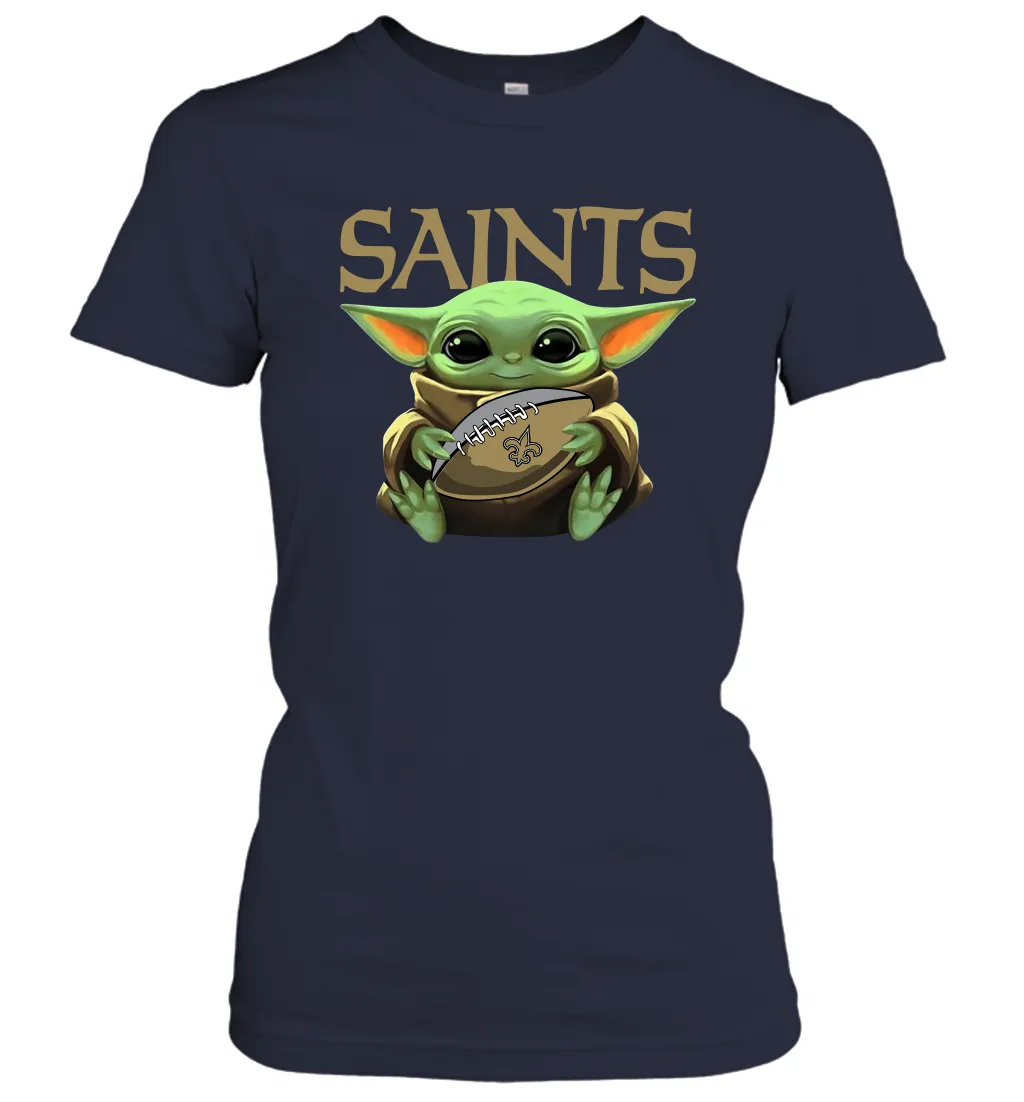 Baby Yoda Loves The New Orleans Saints Star Wars Baby Yoda Hugs Saints NFL Womens T-Shirt