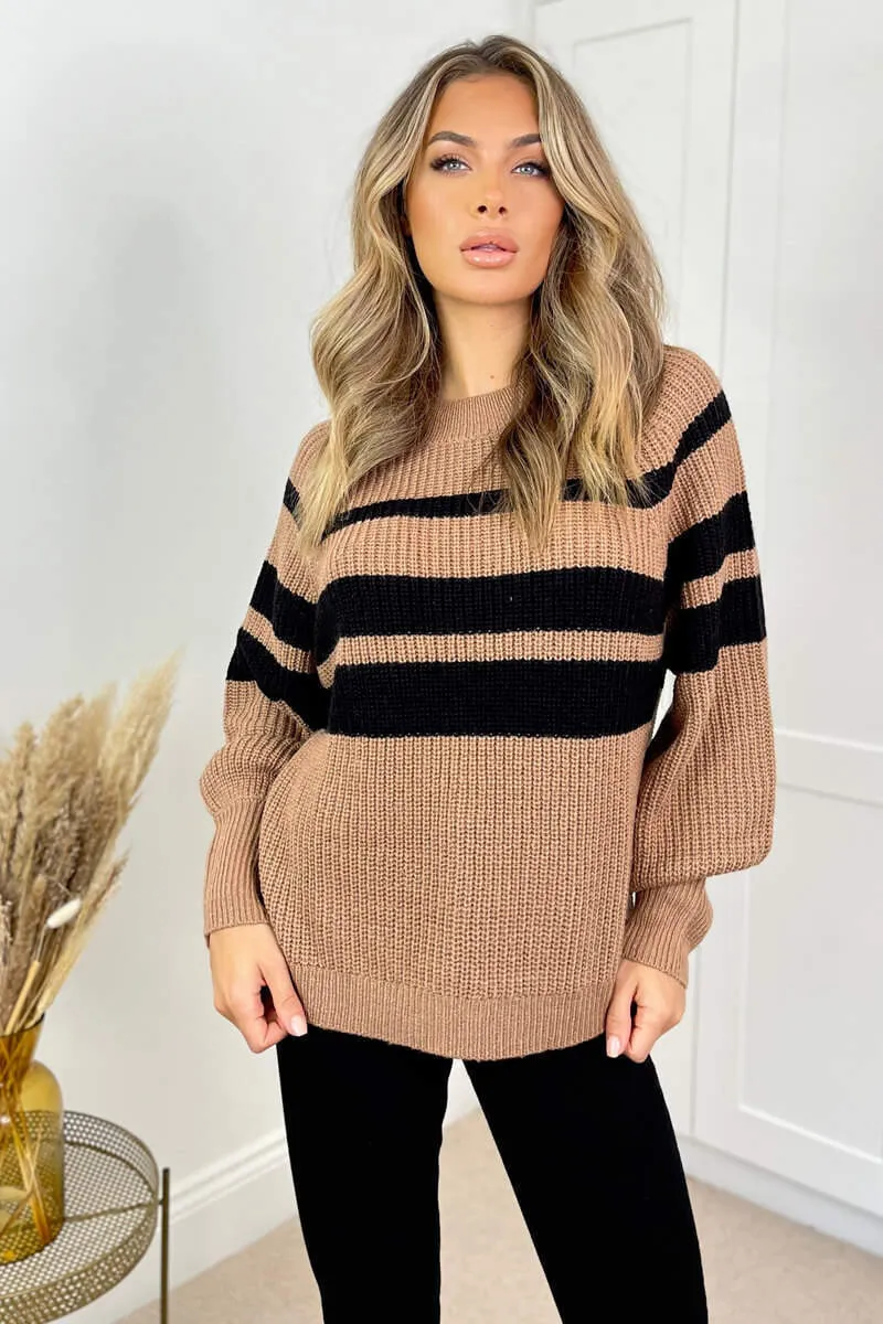 Black And Camel Long Sleeve Round Neck Striped Knitted Jumper