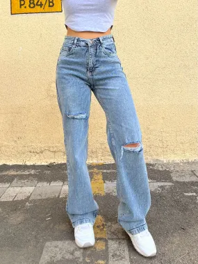 Blue Basic Ripped Straight Leg High Rise Jeans