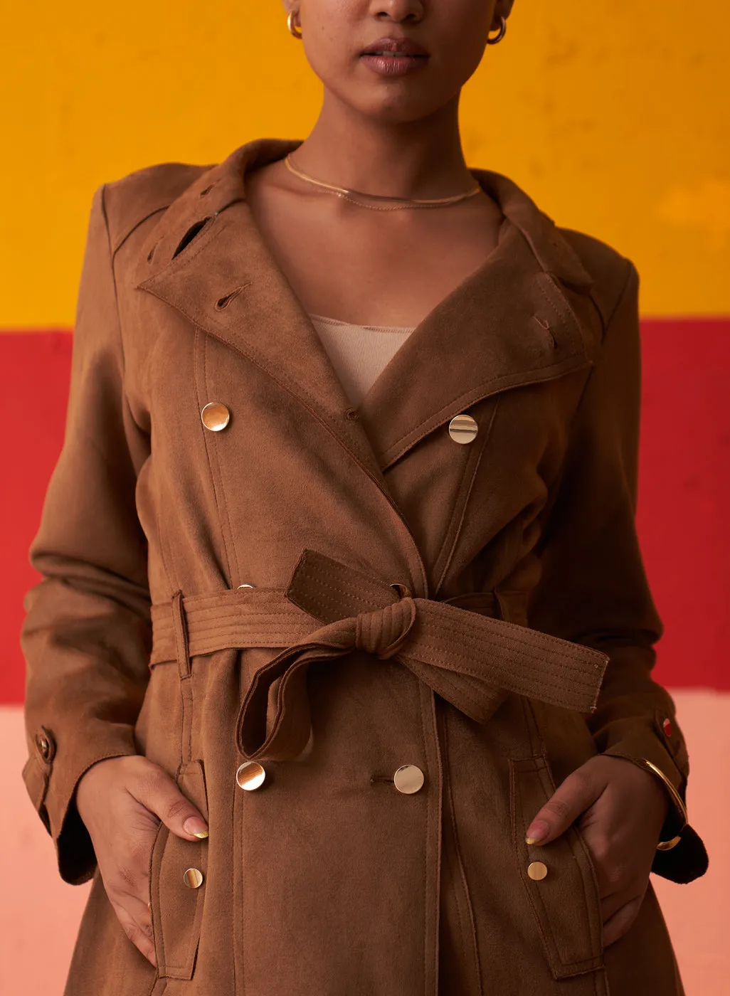 Brown Long Coat for Women with Stand Collar and Belt