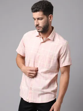 Cantabil Cotton Checkered Pink Half Sleeve Casual Shirt for Men with Pocket