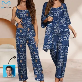 Custom Dark Blue Satin Women's Three-Piece Pocket Cami Pajama Robe Set for Weddings Parties Outings and Home(For non-customized models, please feel free to upload pictures)