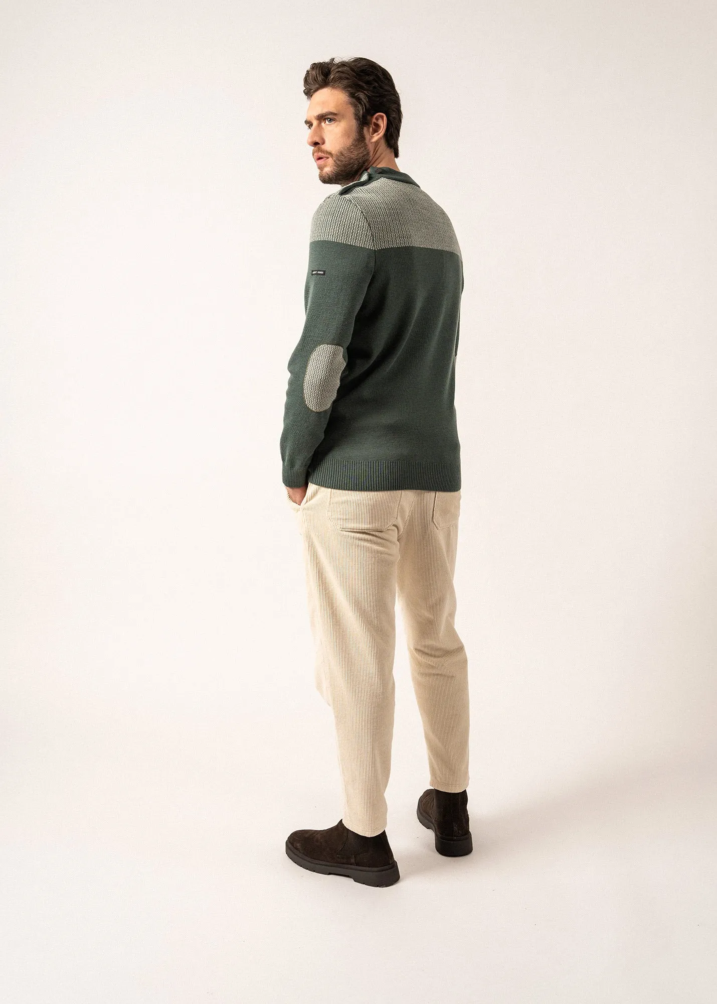 Dinan bicolour sailor jumper - with jacquard elbow patches, in pure new wool (VEGETAL/ECRU)