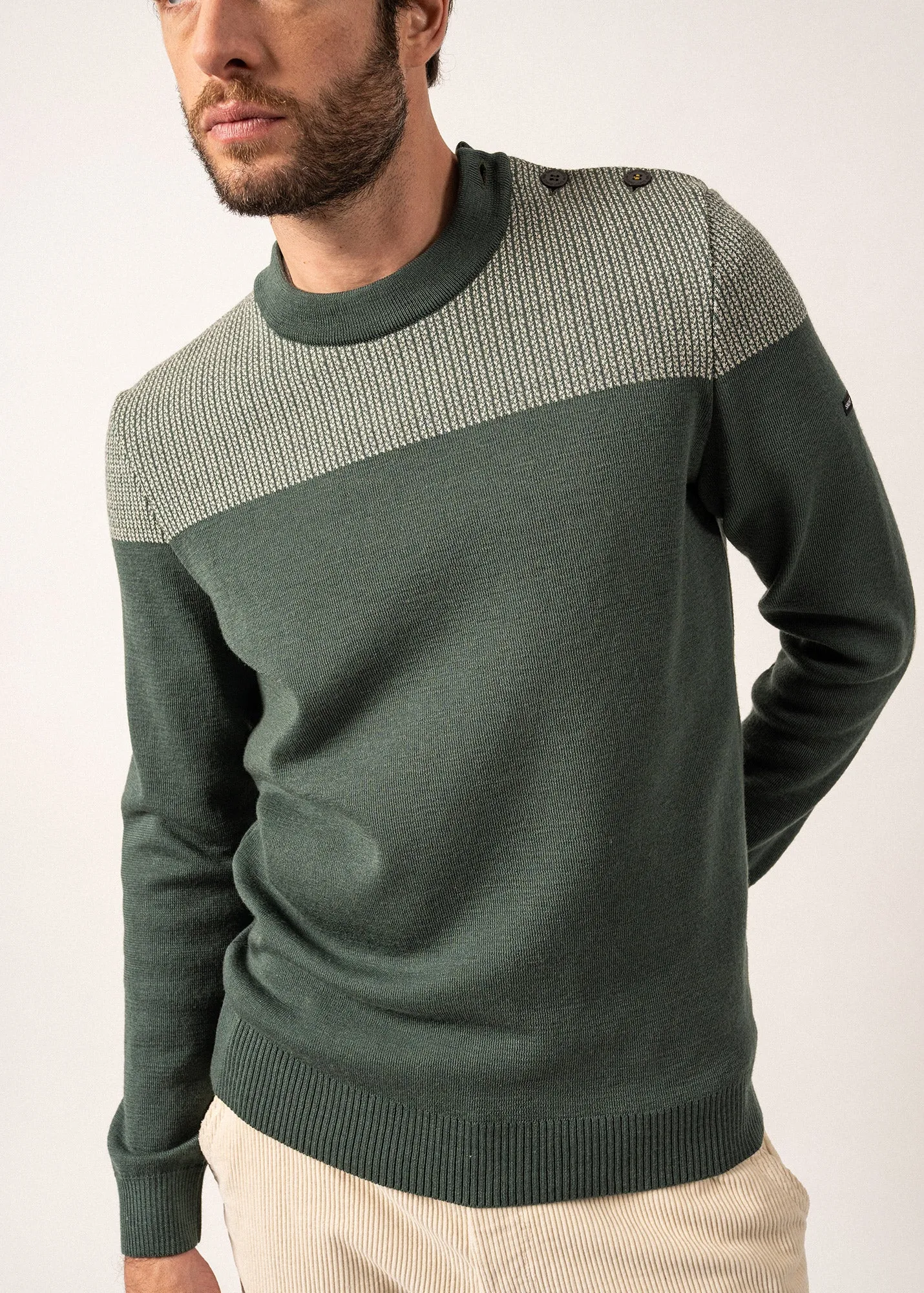 Dinan bicolour sailor jumper - with jacquard elbow patches, in pure new wool (VEGETAL/ECRU)