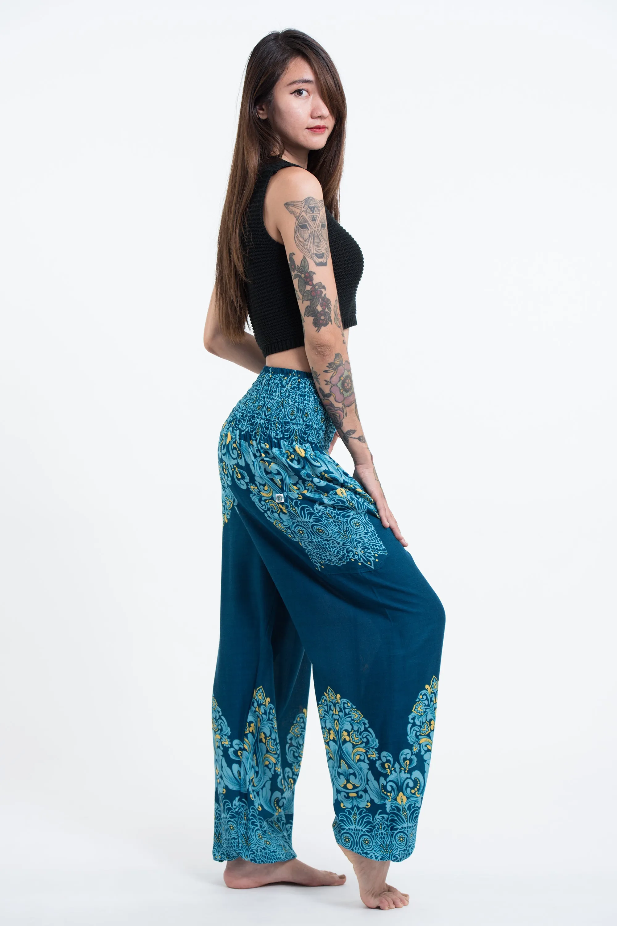 Floral Vines Women's Harem Pants in Turquoise