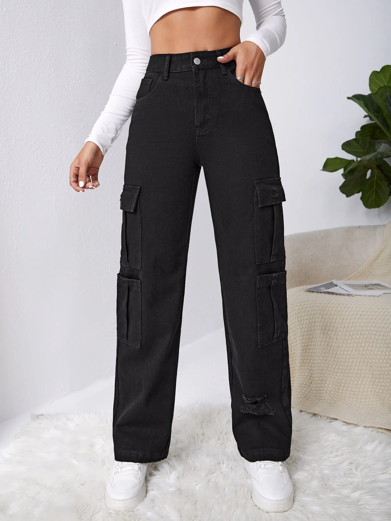 High Waist Western Flap Pocket Ripped Jeans