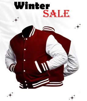 Winter Sale In Maroon And White Baseball Jacket